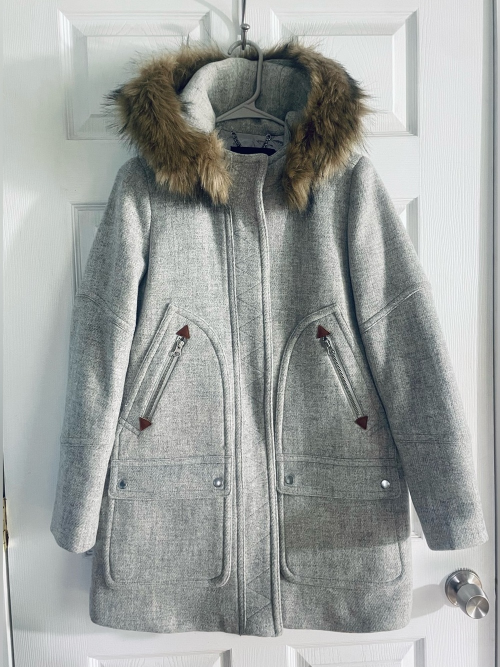 J.Crew Chateau Parka Women Wool Blend Coat Faux Fur Trim Hood Zip Snap Gray Sz0